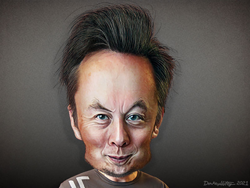 A caricature shows a smirking Elon Musk.
