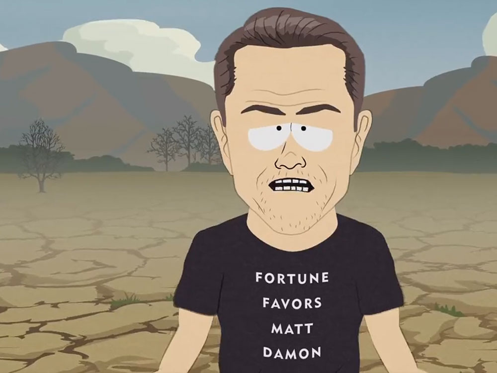 A cartoon image caricatures movie actor Matt Damon wearing a shirt that says Fortune favours Matt Damon.