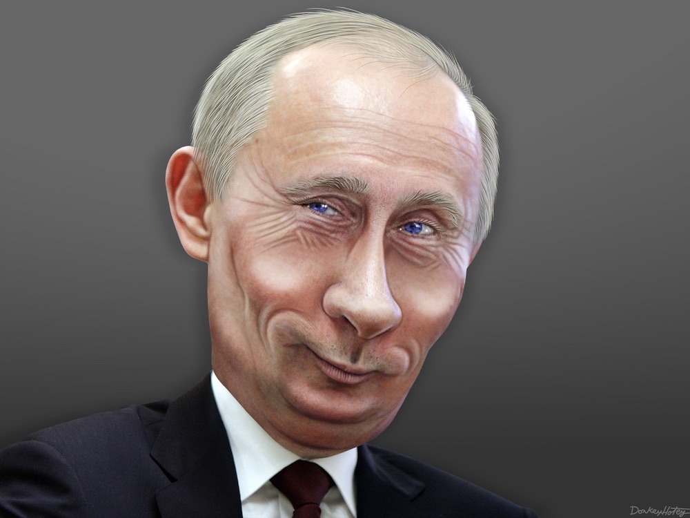 A caricature shows a smirking Vladimir Putin in a suit and tie, with alarming blue eyes.