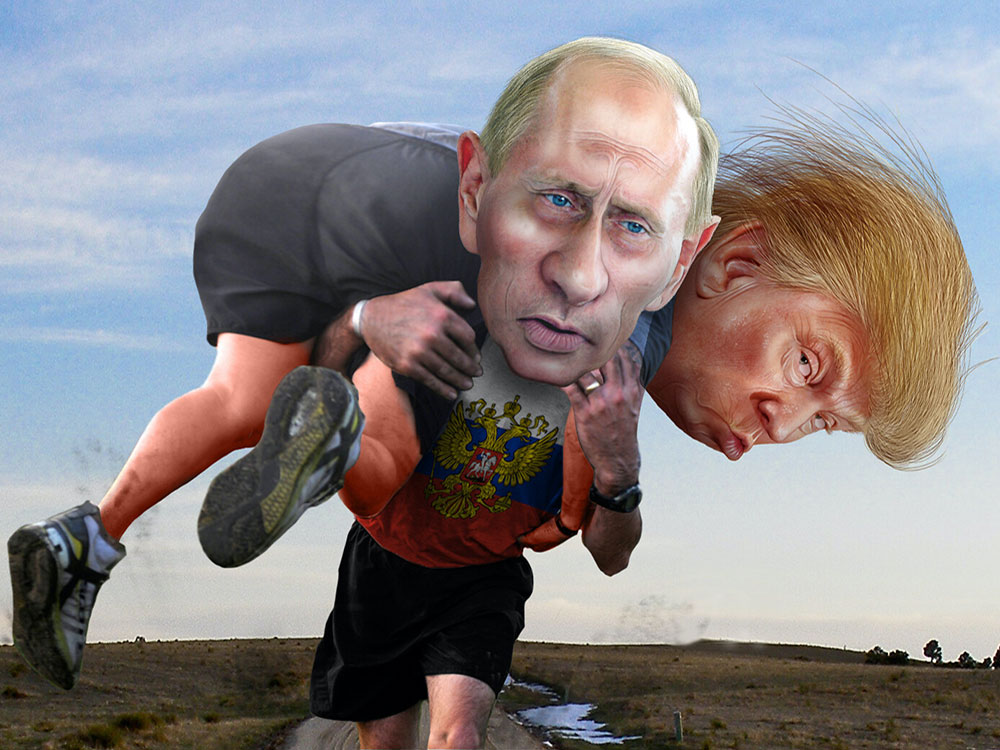 A caricature shows Vladmir Putin carrying Donald Trump along a trail through a field.