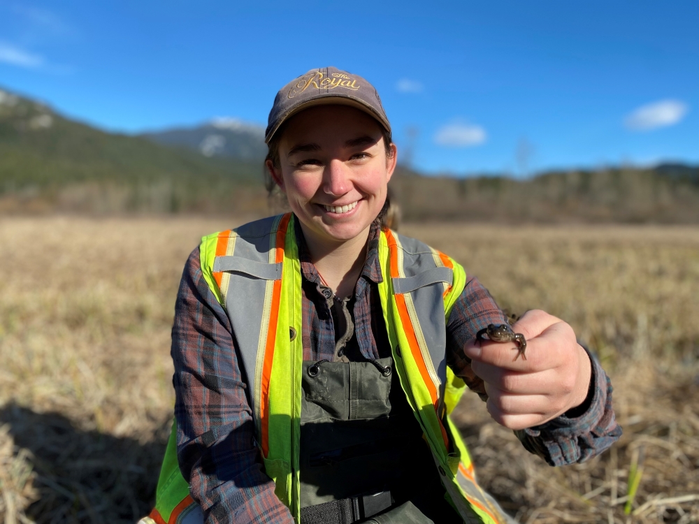 A person wearing a ballcap, overalls and a yellow safety vest extends their hand towards the camera. They are holding a small frog.