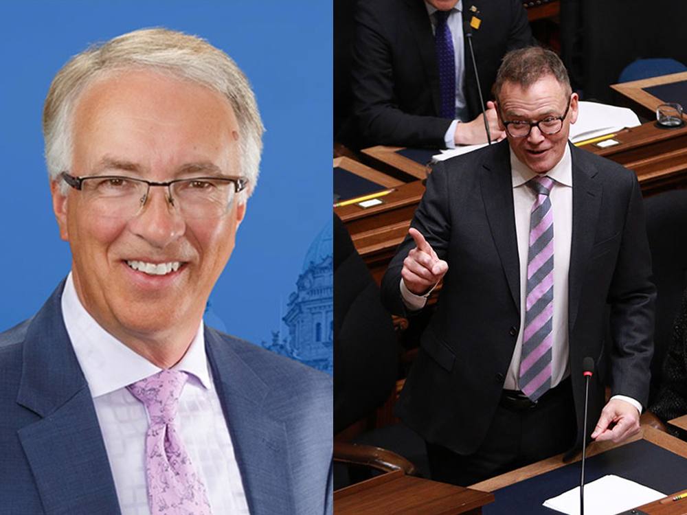 On the left, a smiling photo of John Rustad against a blue background. On the right, Kevin Falcon pointing at someone in the legislature.