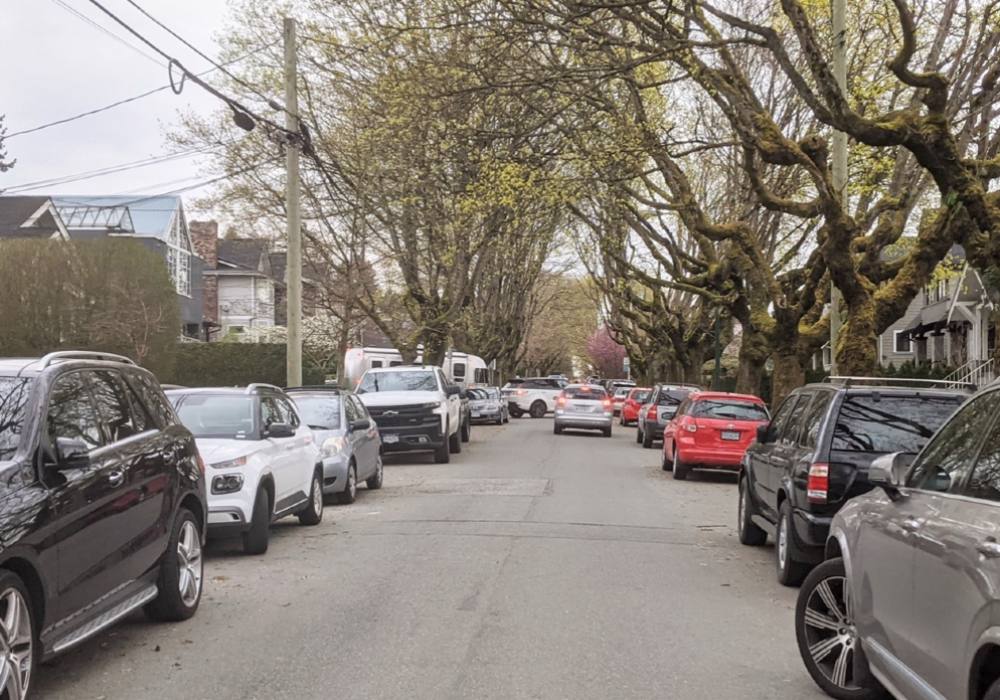 A narrow residential street lined with tall deciduous trees and cars parked on both sides. The road is empty and in the distance, a light blue hatchback is stopped as a white SUV pulls out of a driveway.