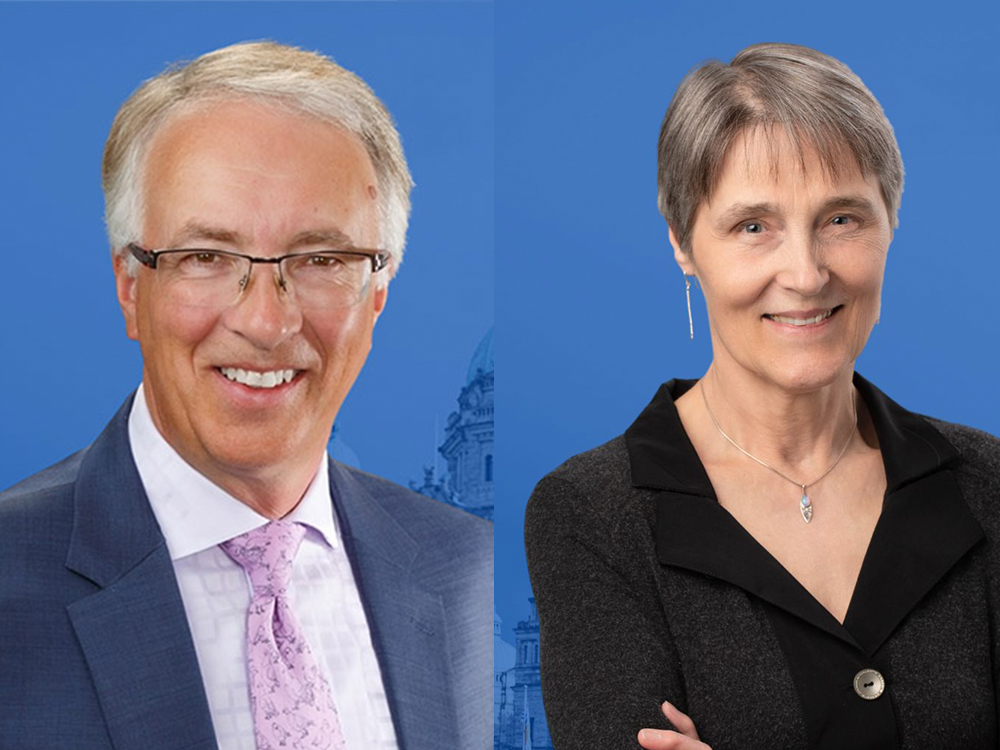 Two photos, both with BC Conservative blue backgrounds. On the left, a man in a suit and tie smiles at the camera. On the right, a woman with crossed arms, short hair and glasses smiles at the camera.