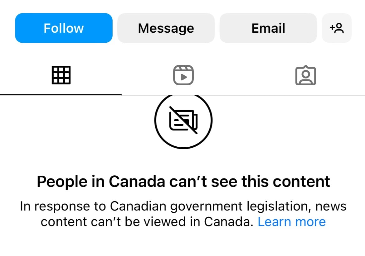 A view of The Tyee’s Instagram page shows no stories and displays a notice saying ‘People in Canada can’t see this content: In response to Canadian government legislation, news content can't be viewed in Canada.’