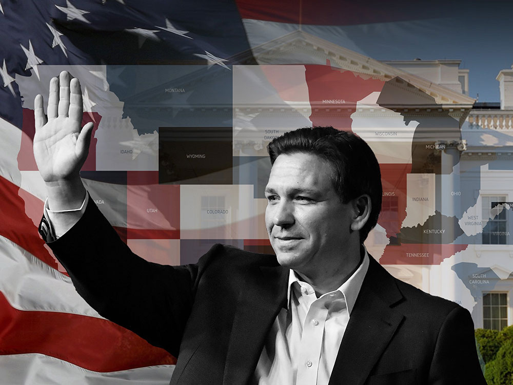 A black-and-white photo of Ron DeSantis, waving in white shirt and dark jacket, is superimposed on a photo of the U.S. flag.