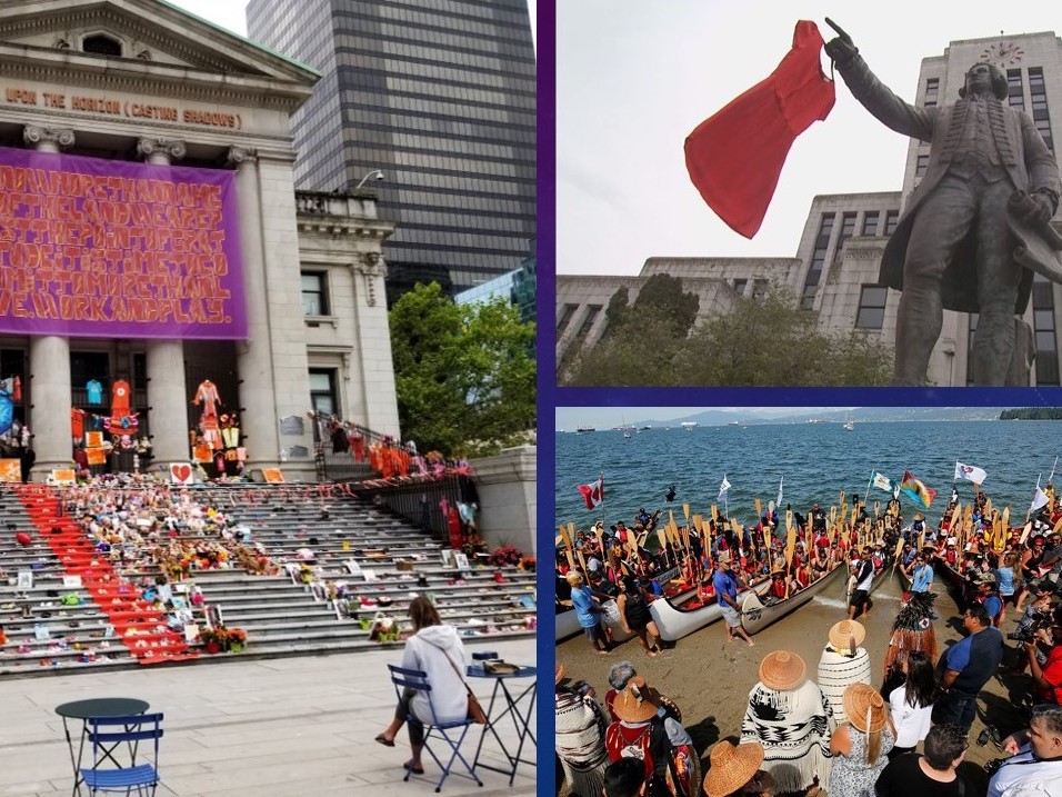 A collage of three images showing on the left side a building with memorial items on its front stairs, a statue of a man pointing with a red dress hung from his outstretched finger in the upper right corner, and canoes by the water surrounded by people in Indigenous ceremonial garb.