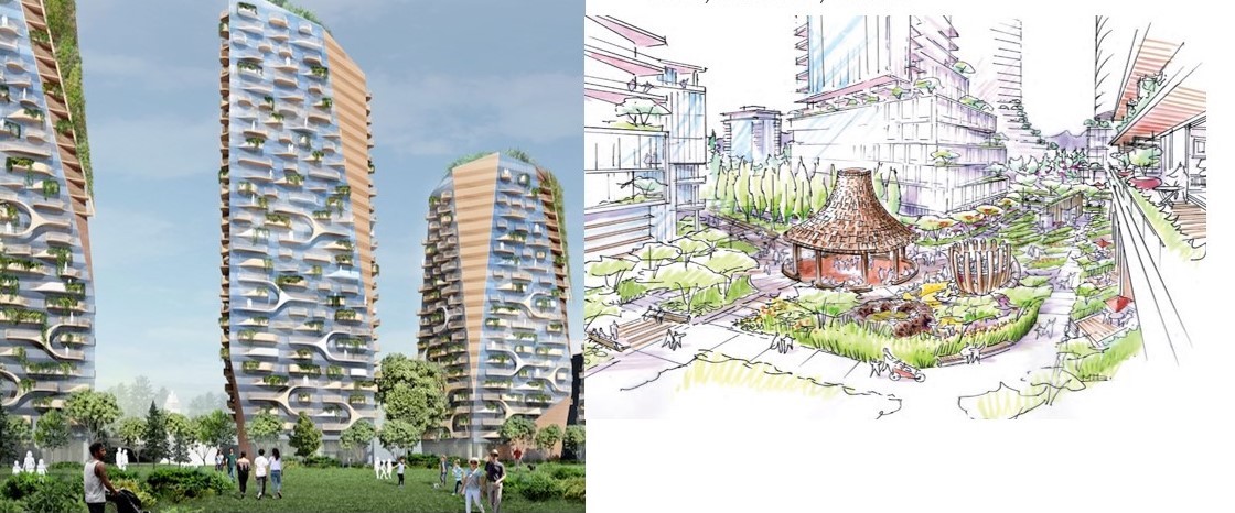 Two artist renderings side by side. On the left are three highrise towers; on the right, a drawing of a development with green space and buildings.