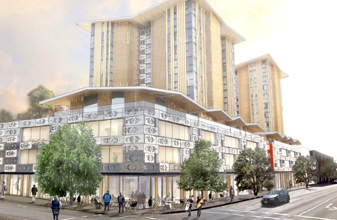 An artist’s rendering shows a mixed use development with three mid-rise towers with street level retail units.