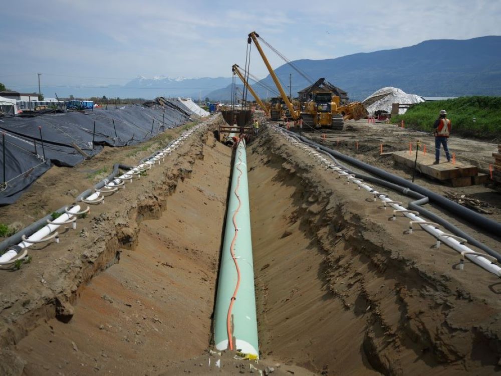A light blue pipe is laid in a muddy ditch as large, yellow construction machines work on a section of the Trans Mountain Expansion Project, in Abbotsford, B.C. 