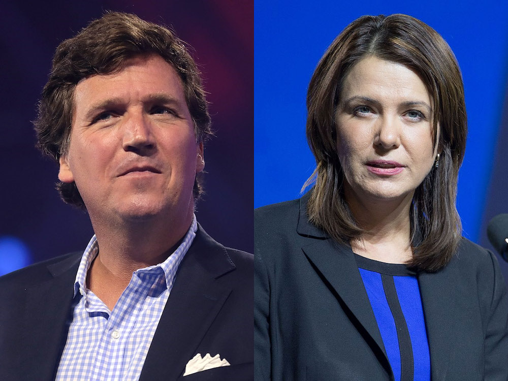 A split panel photo shows, on the left, Tucker Carlson, a white man with brown hair wearing a blue and white checkered shirt and a dark suit jacket; and on the right, Danielle Smith, a white woman with brown hair wearing a dark suit jacket over a blue shirt with black trim.