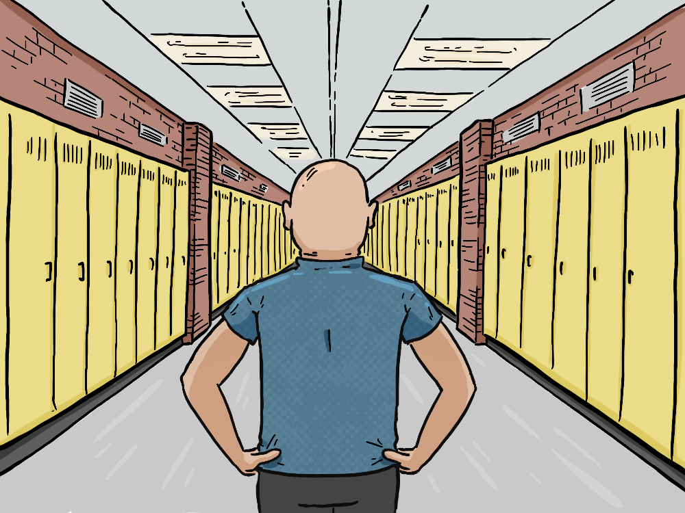 A bright illustration features a bald figure standing with their hands on their hips and looking down a school hallway lined with yellow lockers and brown brick walls. The figure is wearing a short-sleeved blue polo shirt and black trousers.