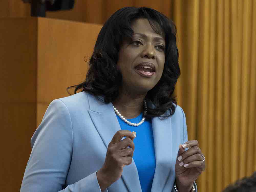 Leslyn Lewis has dark, wavy, shoulder-length hair and dark skin. She is standing in the House of Commons against a background of gold drapes and wood panelling. She is mid-speech. She is wearing a light blue blazer over a bright blue top with a string of white pearls. Both of her hands are raised with her fingers slightly closed near her palms.