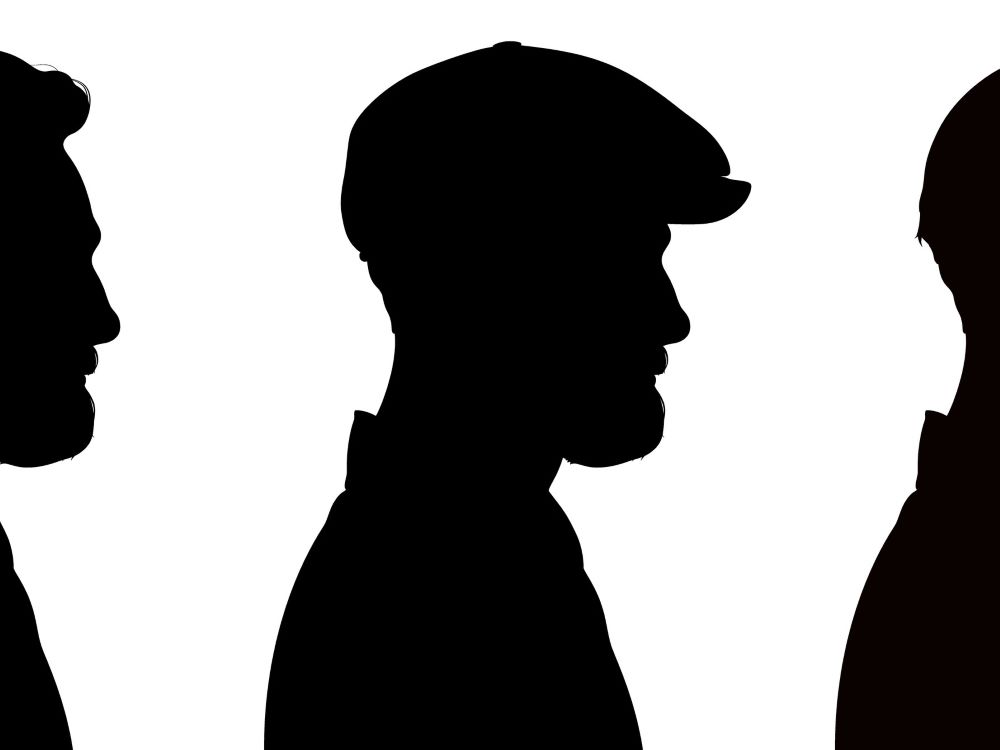 Three solid black silhouettes of men in profile face the right of the frame. They are attired in collared shirts with a pageboy cap (middle) and ball cap (right). The silhouettes depict the men from the chest up against a white background.