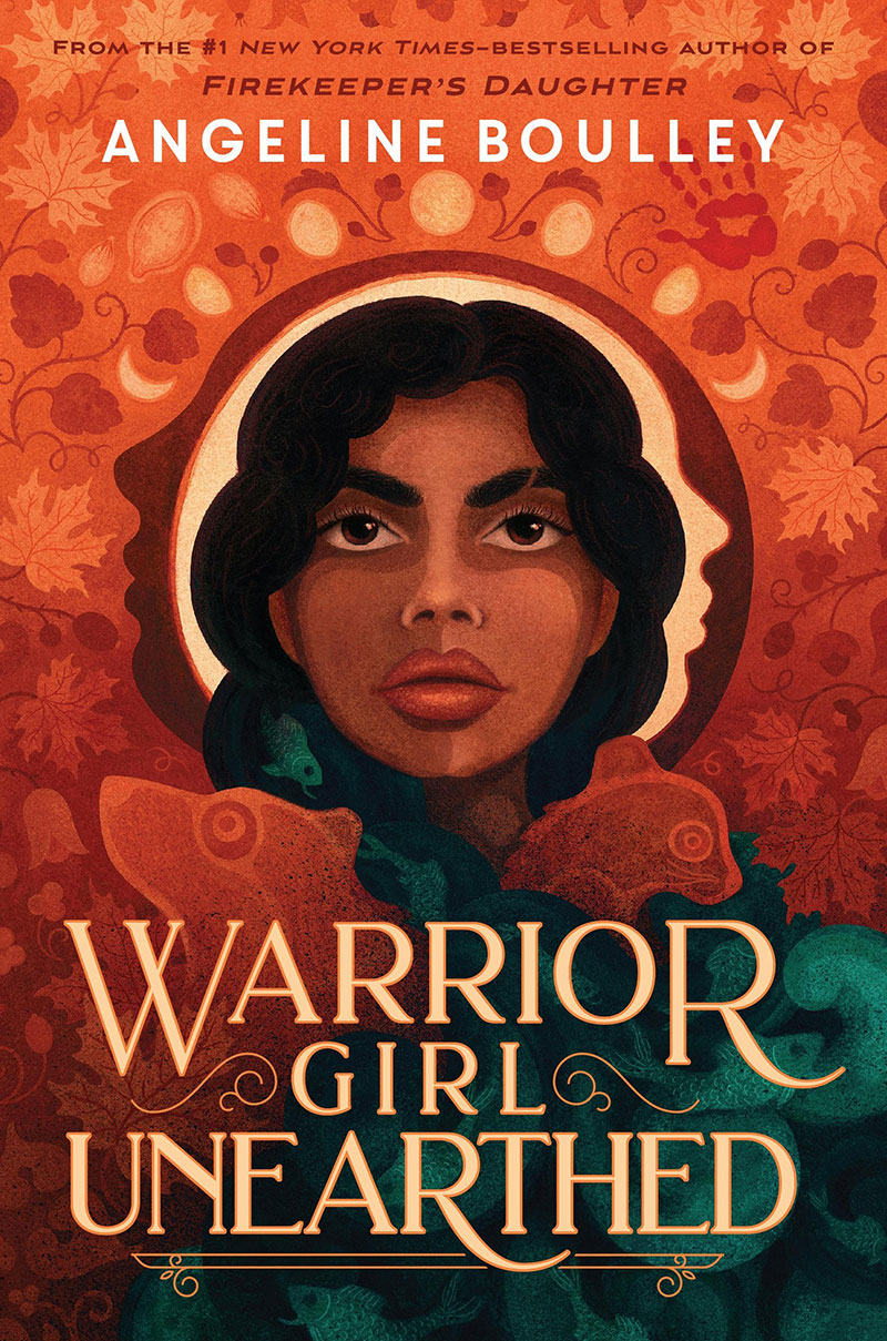 The book cover image of Angeline Boulley's 'Warrior Girl Unearthed' features a digital illustration of a woman with dark skin and dark hair at the centre of the frame, surrounded by orange leaves, flowers and illustrations of animals.