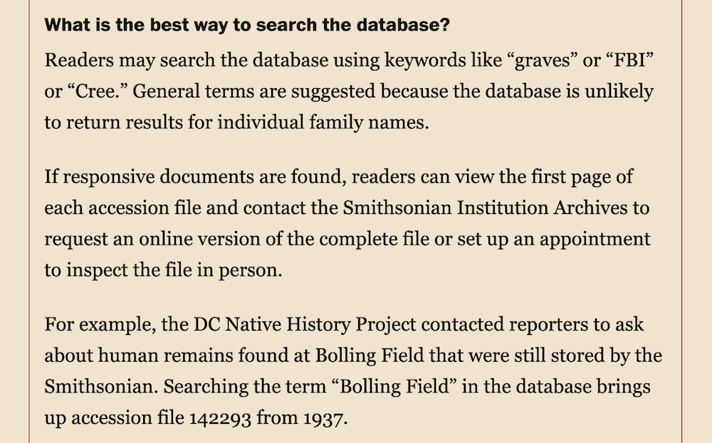 Black text on a beige background describes how to search the Washington Post's human remains database.