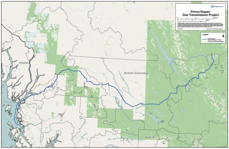 地图显示了穿越不列颠哥伦比亚省北部的管道路线