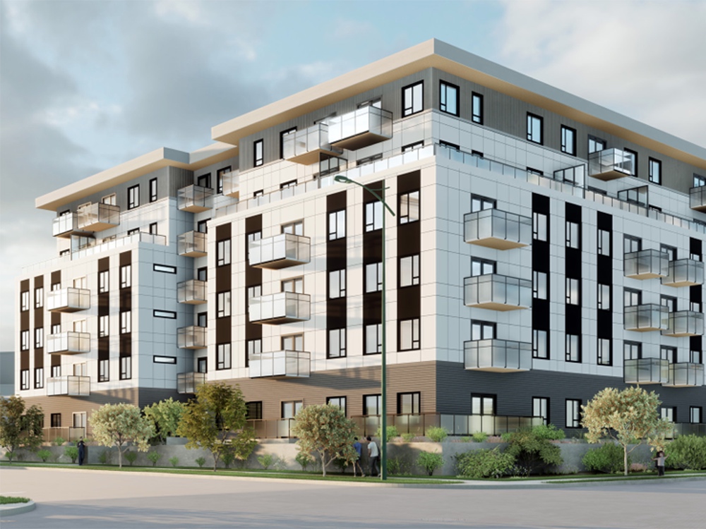 An architectural rendering of a white and tan six-storey residential building.