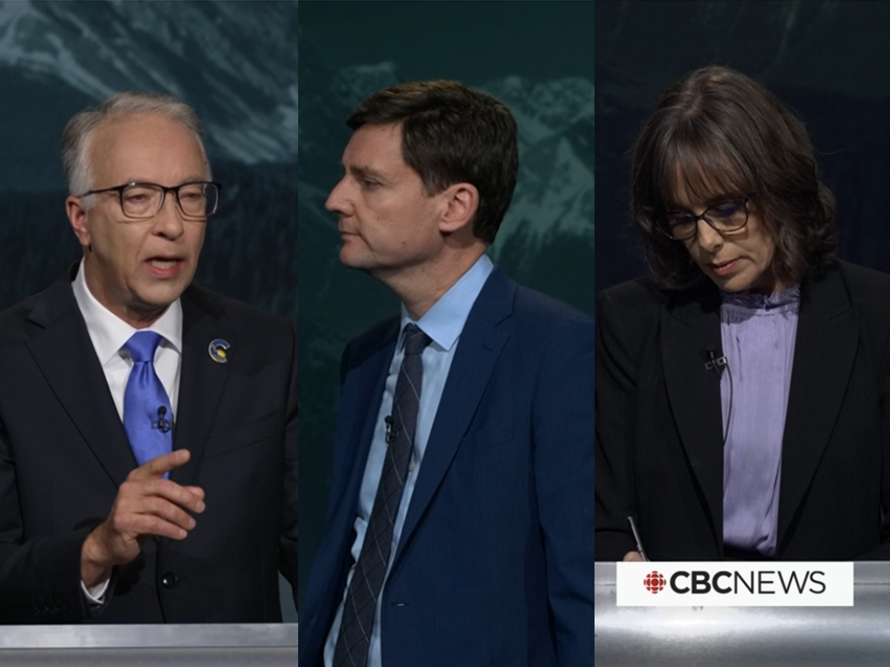 From left, John Rustad, David Eby and Sonia Furstenau at the televised debate.