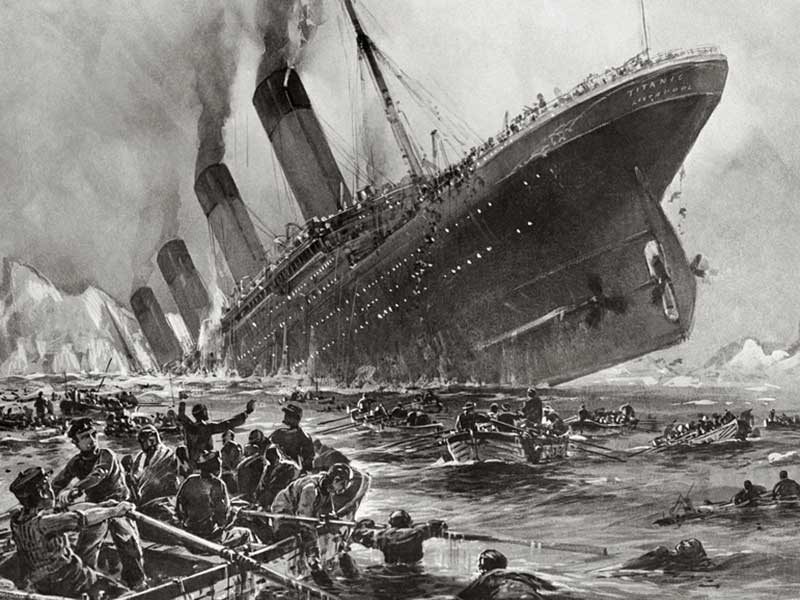 An engraving shows the Titanic sinking, stern raised high, lifeboats in the foreground, an iceberg in the background.