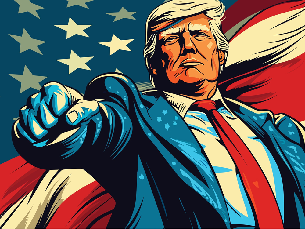 A cartoon-style image shows Donald Trump, wearing a suit and with blond hair, holding out a fist in front of a stylized U.S. flag.