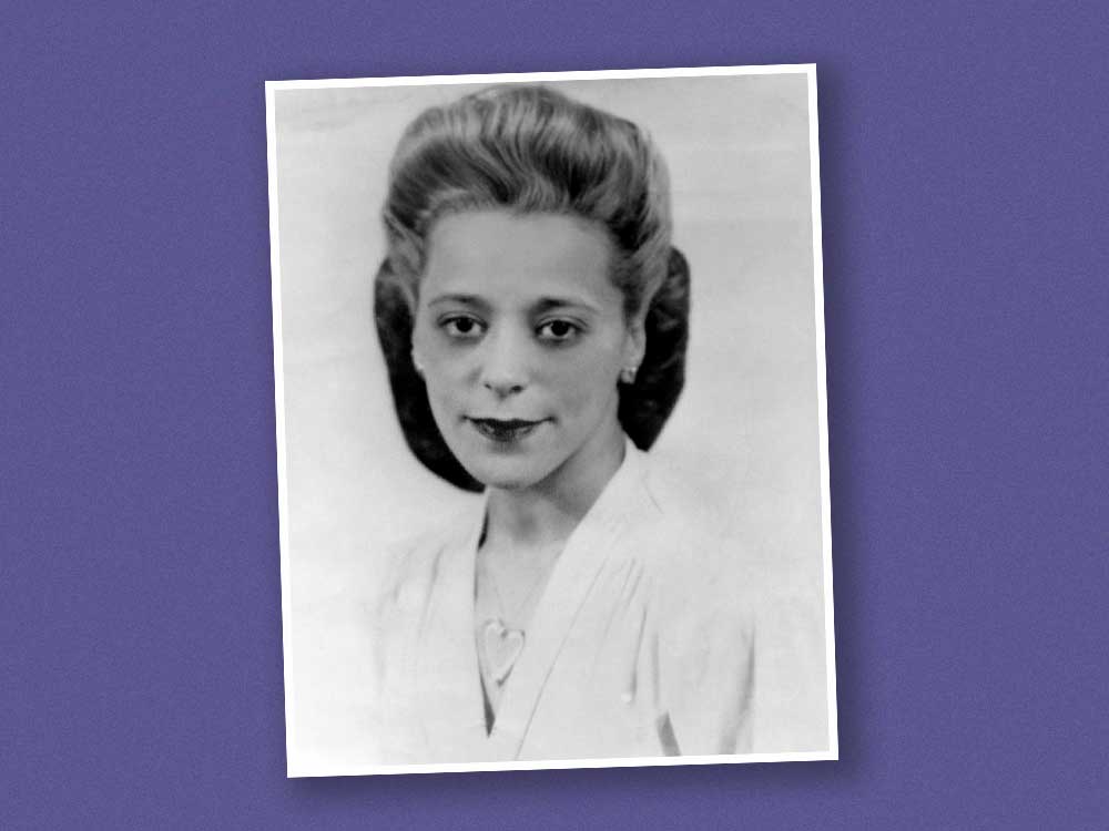 A black-and-white portrait of Viola Desmond with her hair up against a light background is arranged at an angle against a wider purple background.