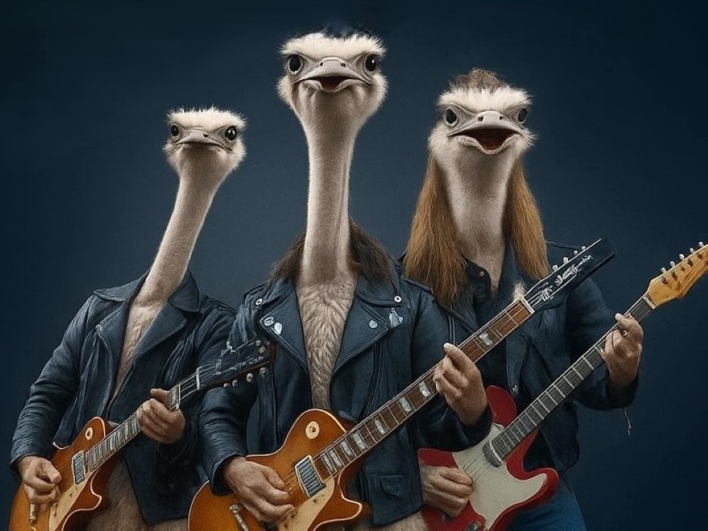 An image, likely AI-generated, shows three ostriches playing instruments in standard rock star poses.