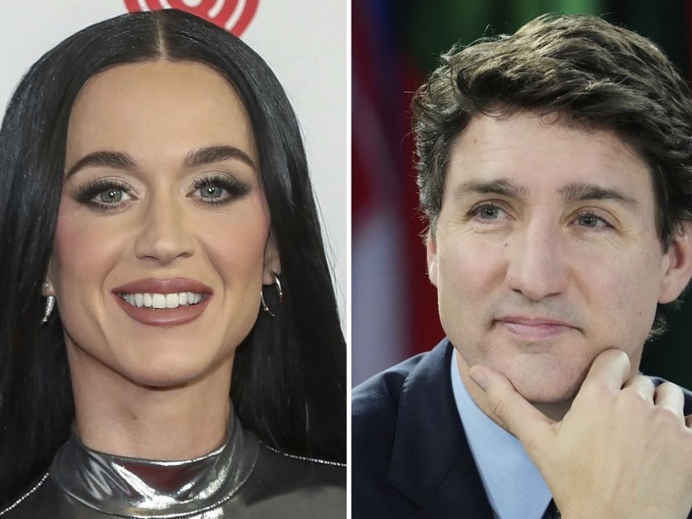 A diptych shows a photo of Katy Perry on the left and a photo of Justin Trudeau on the right.