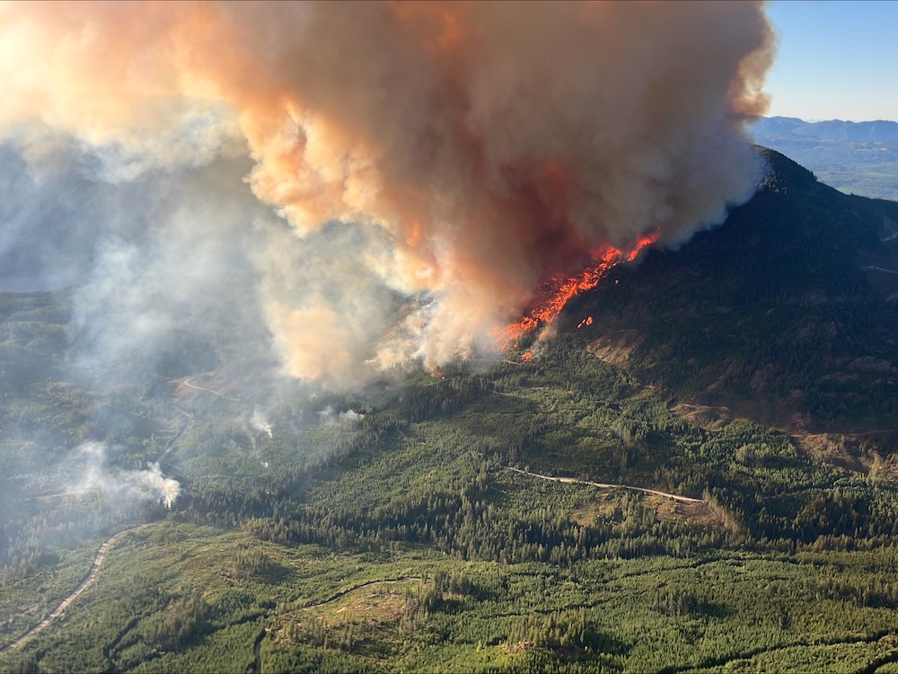 An aerial photo shows red flames and clouds of smoke as several fires burn across a treed hillside.