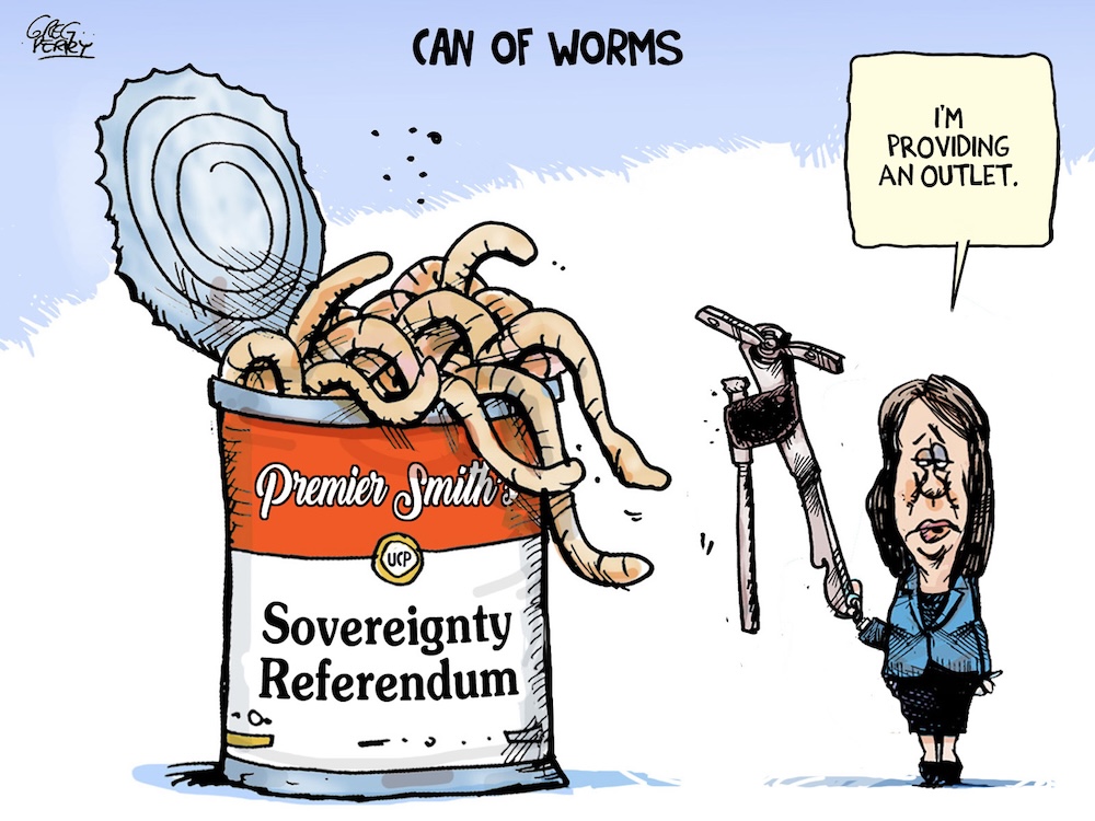 A cartoon shows a caricature of Premier Danielle Smith holding a can opener and standing beside an open soup can full of worms. A speech bubble has her saying &ldquo;I&rsquo;m providing an outlet.&rdquo;