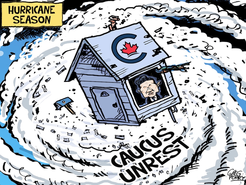 A cartoon shows Conservative Leader Pierre Poilievre in a house with a Conservative party logo being lifted off the ground by a hurricane labelled &lsquo;Caucus unrest.&rsquo;