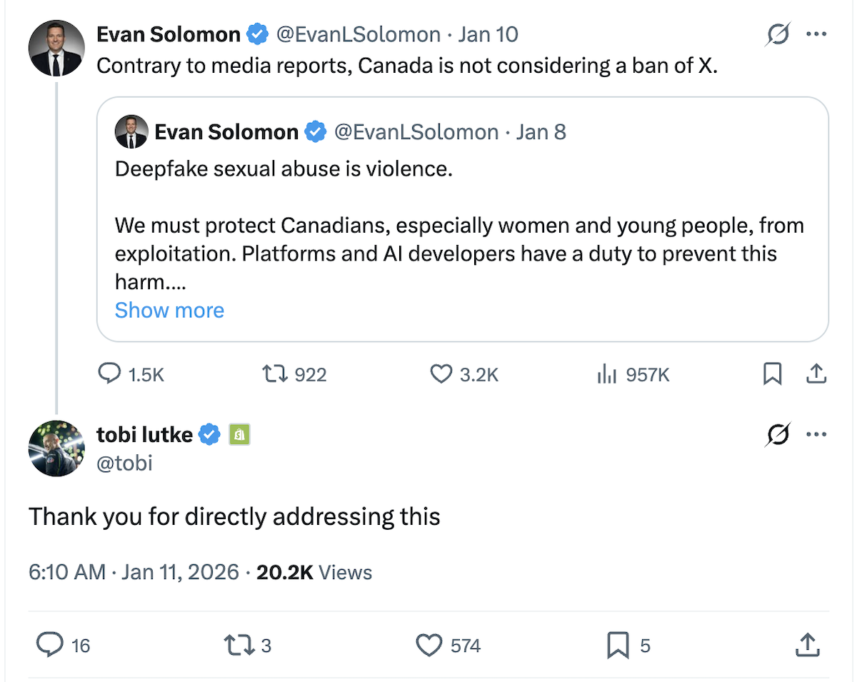 An X post from Evan Solomon that reads: &lsquo;Contrary to media reports, Canada is not considering a ban of X.&rsquo; A reply from Tobi L&uuml;tke says: &lsquo;Thank you for directly addressing this.&rsquo;