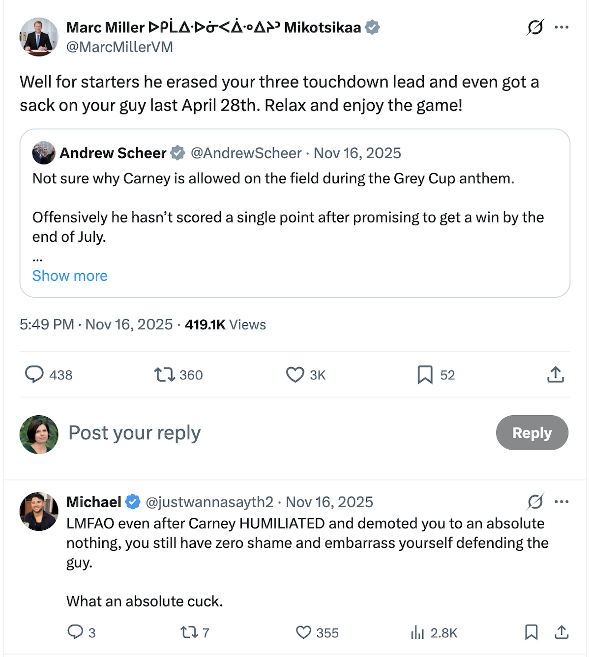 An X post from Marc Miller reads: &lsquo;Well for starters he erased your three touchdown lead and even got a sack on your guy last April 28th. Relax and enjoy the game!&rsquo; In reply, an X user has written: &lsquo;LMFAO even after Carney HUMILIATED and demoted you to an absolute nothing, you still have zero shame and embarrass yourself defending the guy. What an absolute cuck.&rsquo;
