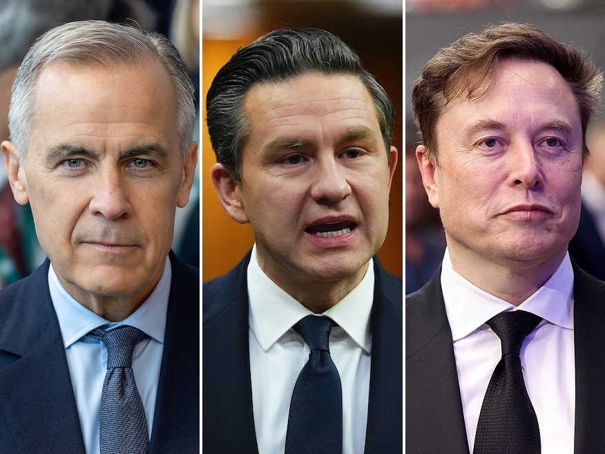 Three photos, of Mark Carney, Pierre Poilievre and Elon Musk, appear side by side.