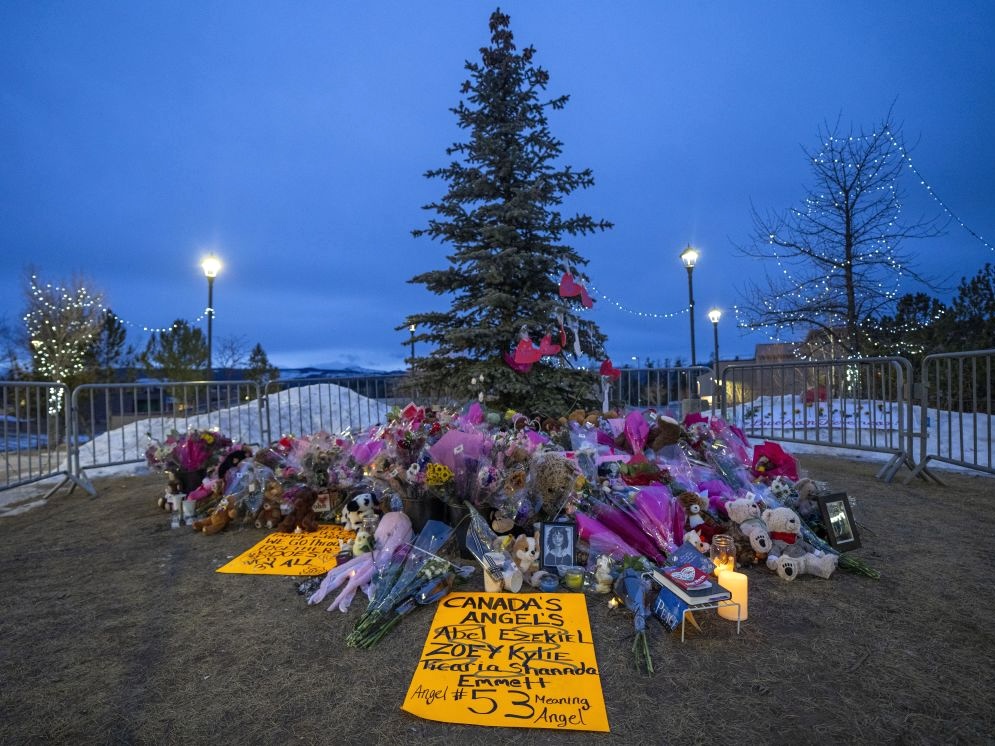 Flowers, cards and signs lie on the ground in front of a pine tree.