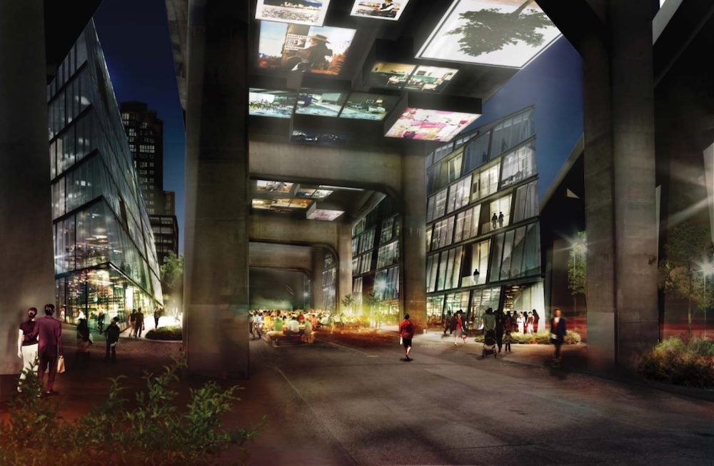 A rendering shows a vibrant outdoor space, with images projected on the underside of an overpass. people strolling and a warmly lighted space with a large number of people sitting at tables.