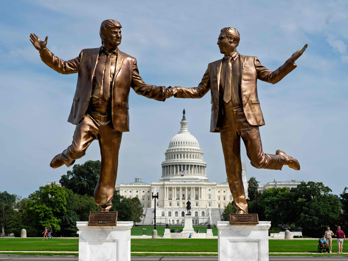Two people, made to look like bronze statues of Donald Trump and Jeffrey Epstein, stand on plinths in front of the U.S. Capitol Building.