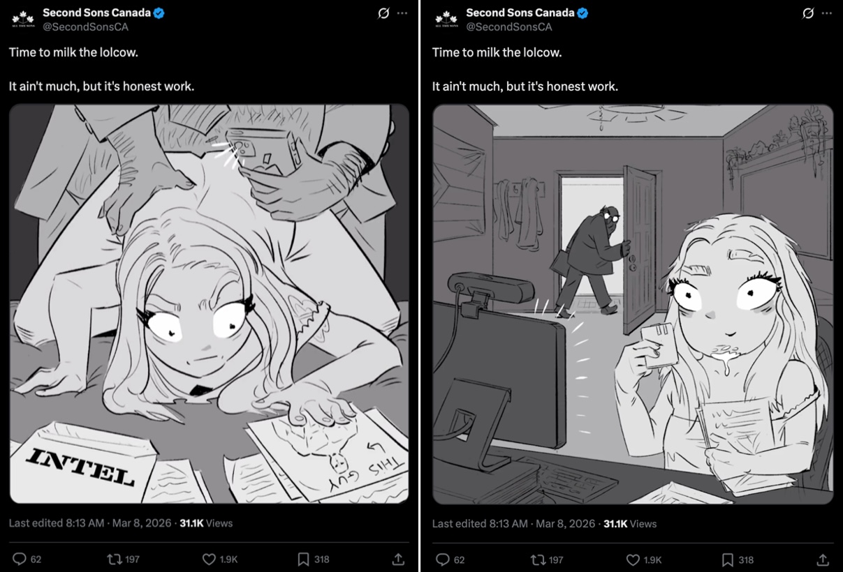 A cartoon image shows a woman bent over and studying documents while a male figure is positioned behind her. Another image shows a cartoon image of a woman making a video in front of a computer with a substance dripping from her chin.