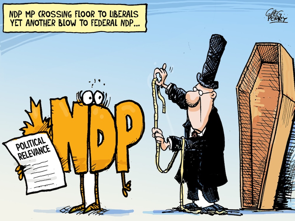 A cartoon depicts the orange letters NDP with googlie eyes, hands and legs, holding a piece of paper titled &lsquo;Political Relevance&rsquo; and being sized up by an undertaker with measuring tape, with an open coffin standing up to the right of the frame.