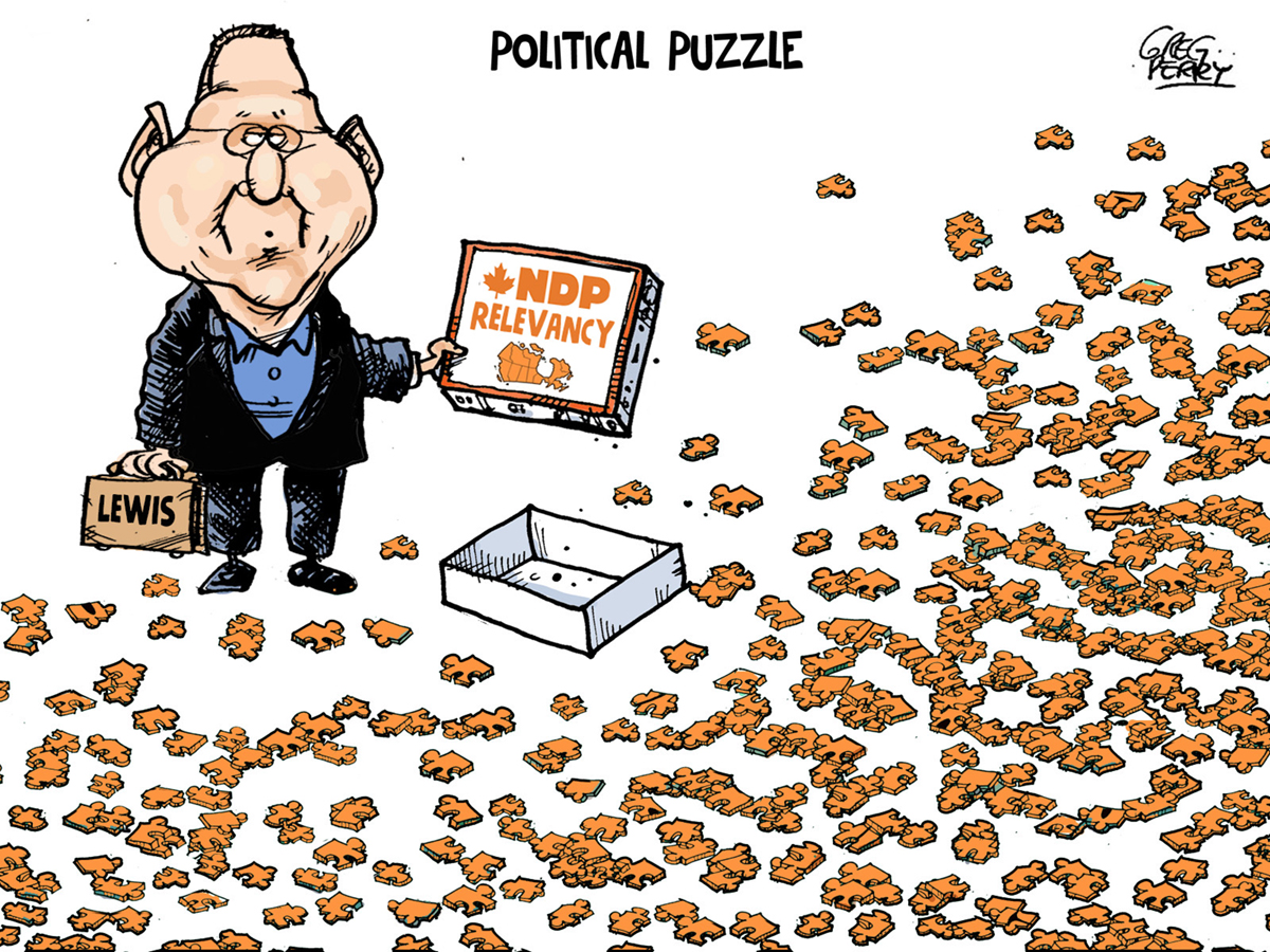 A cartoon shows a caricature of new NDP Leader Avi Lewis. He holds a jigsaw puzzle box with the cover title &lsquo;NDP Relevancy.&rsquo; Puzzle pieces are scattered on the floor.