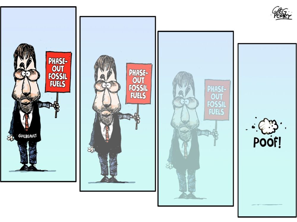 A cartoon shows four panels, with a drawing of Steven Guilbeault holding a sign that says, &ldquo;Phase out fossil fuels.&rdquo; His image becomes fainter in each panel until it vanishes in the fourth.