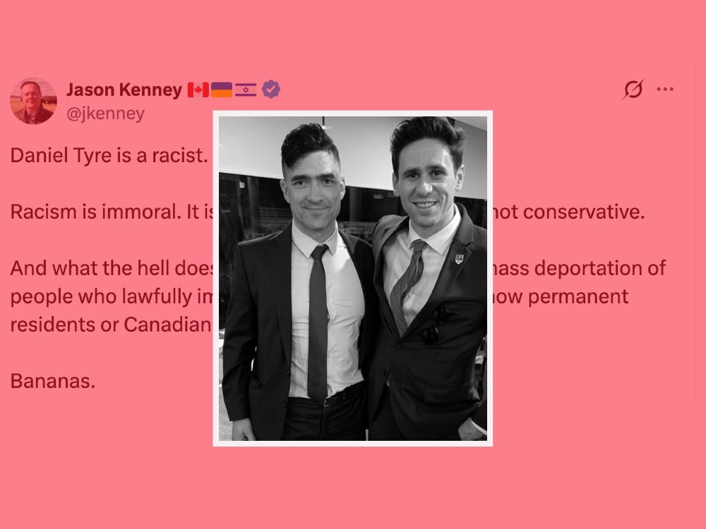 Two young men wearing suits in a black and white photo. A social media post from former Alberta premier Jason Kenney can be seen in the background, reading &lsquo;Daniel Tyre is a racist. Racism is immoral.&rsquo;