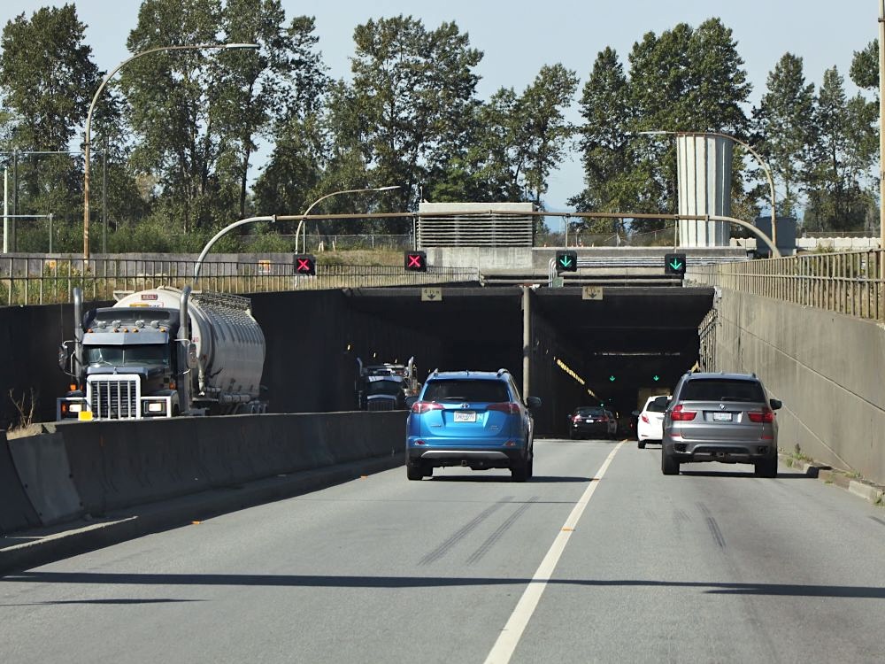 A photo shows the south entrance into the George Massey Tunnel.