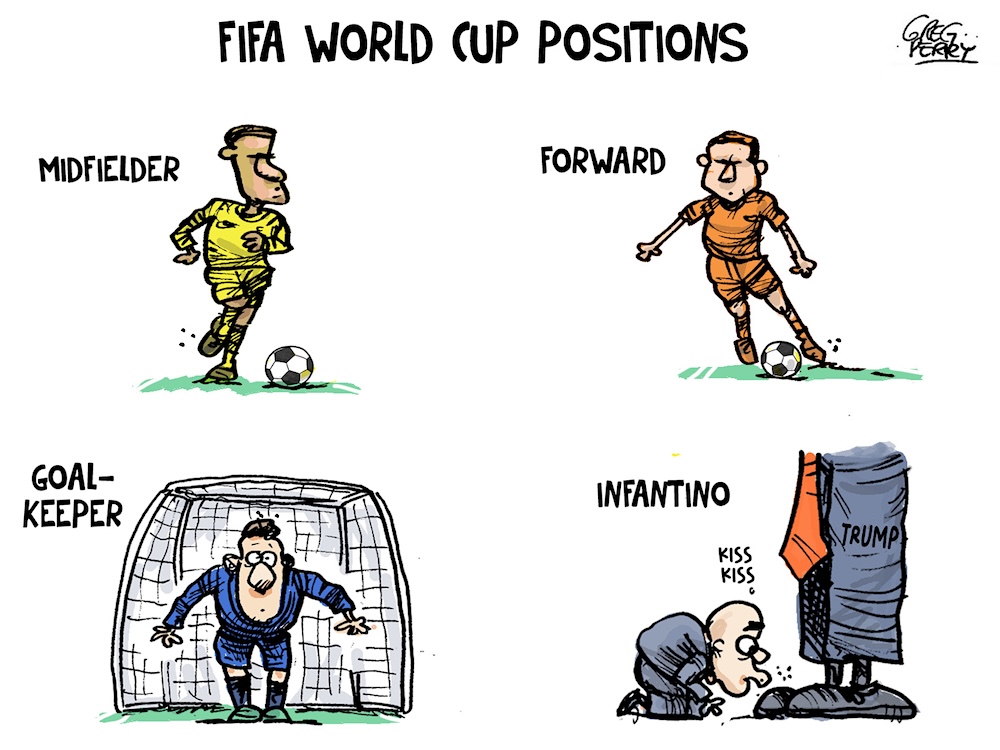 In a quartet of illustrations labelled &lsquo;FIFA World Cup Positions,&rsquo; three show soccer players and the fourth shows FIFA president Gianni Infantino on his knees kissing the feet of US President Donald Trump.