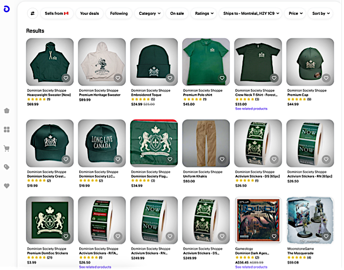 Square images in a grid show T-shirts, hats and stickers for sale with messages like &lsquo;Remigration now.&rsquo;