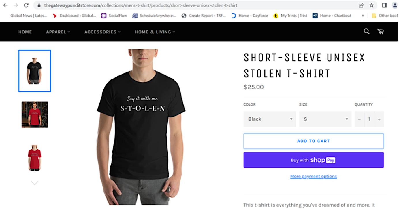 A screenshot shows an online store selling T-shirts with election denial messages.
