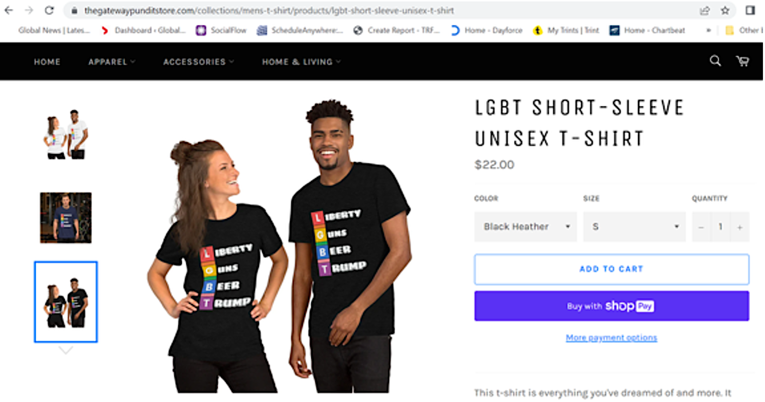 A screenshot shows an online store selling T-shirts with anti-LGBTQ+ messages.