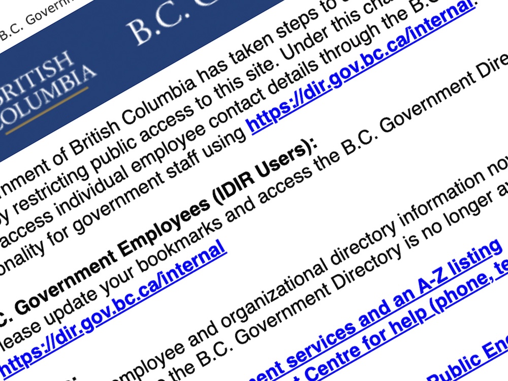 Text on a government web page says the public no longer has access to a government employee directory.