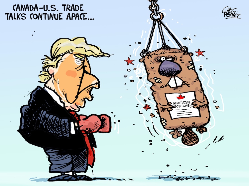 Donald Trump stands wearing boxing gloves, facing a punching bag that looks a battered beaver holding a piece of paper labelled &lsquo;Negotiating positions.&rsquo;