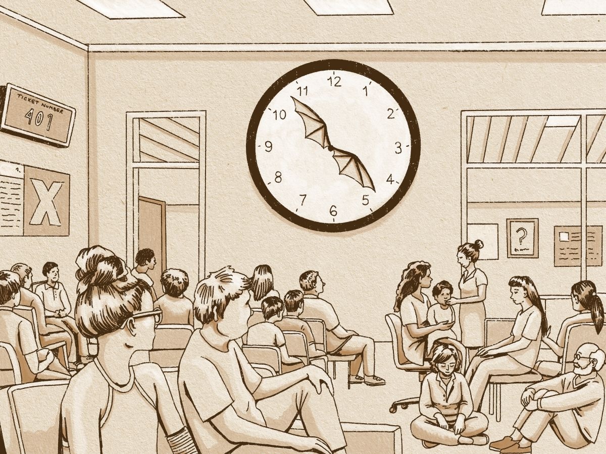 A drawing of a hospital emergency ward shows many people sitting and waiting. A woman in the foreground looks at a clock on the wall that has bat wings for hands.
